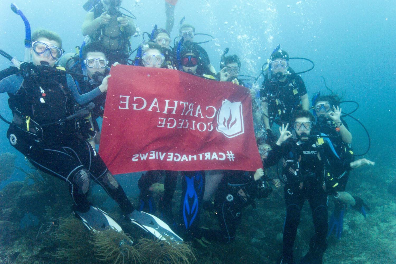 学生们手持<a href='http://72rt.ngskmc-eis.net/'>bv伟德ios下载</a>旗帜，在j学期洪都拉斯游学之旅中潜水.